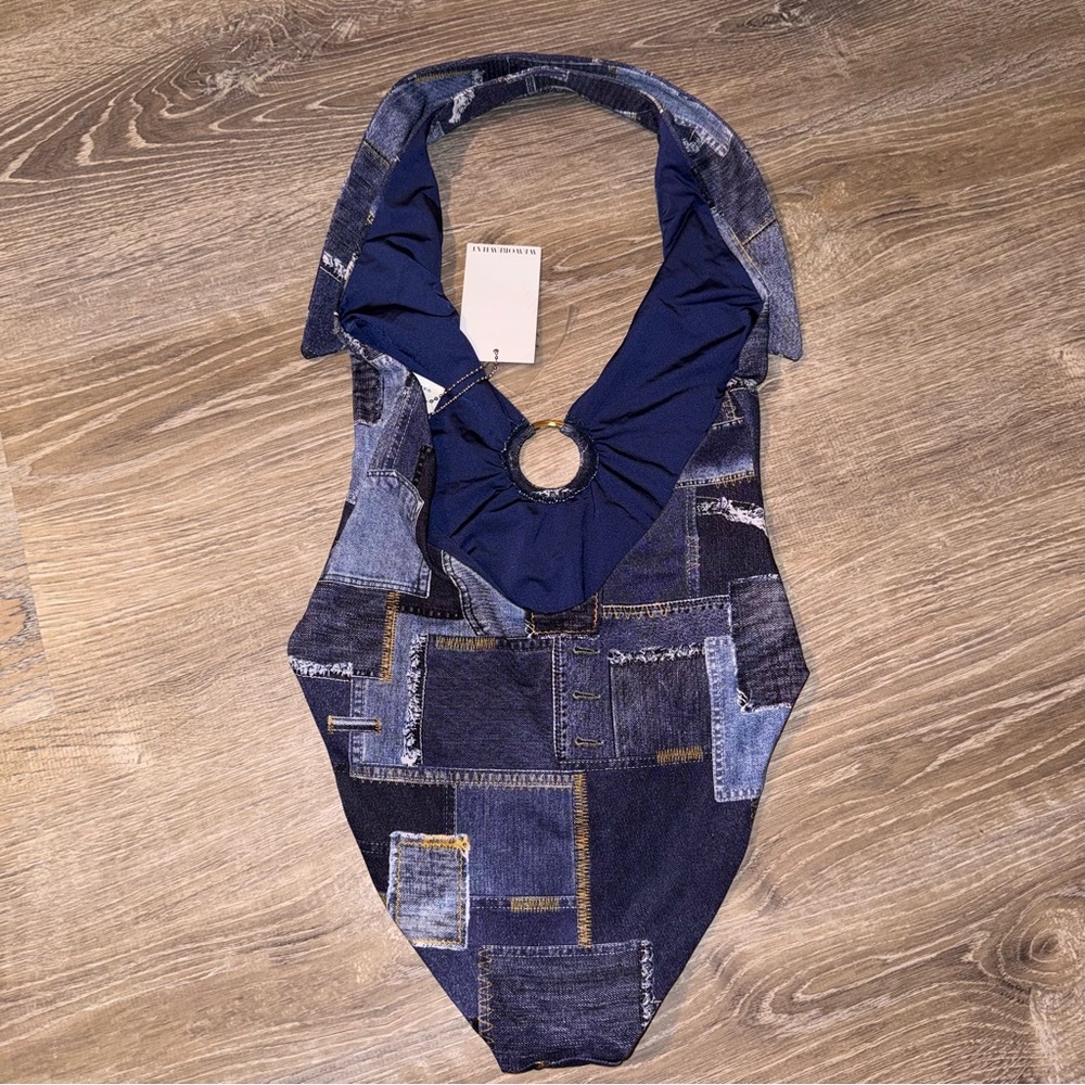 WeWoreWhat collar racerback denim patchwork one piece swimsuit blue XS NWT - Picture 9 of 15